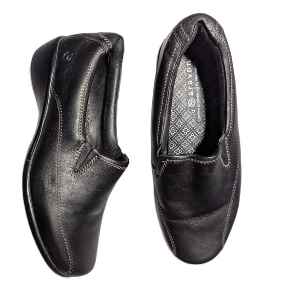 Aravon Black Leather Slip-On Seam Detail Comfort Wedge Walking Loafers Sz 6.5 D - Picture 1 of 7
